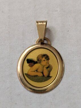 OR 14KT Yellow Gold 585 Italy Raphael Sistine Cherub Enamel Pendant 1g